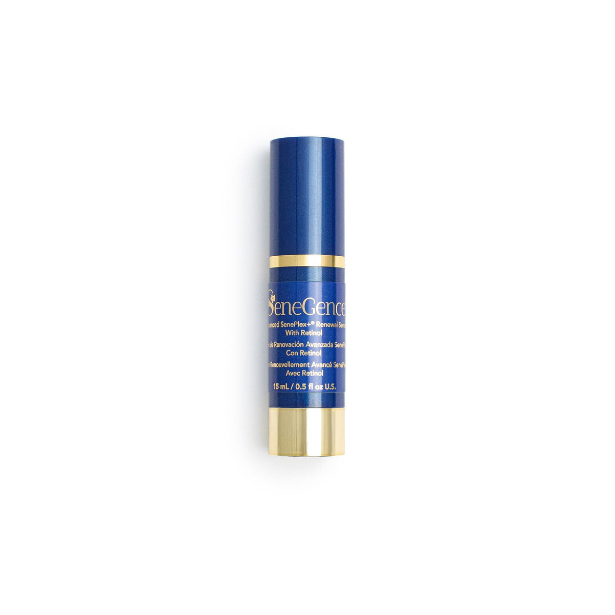 A blue bottle with a blue cap, gold band and gold base, Advanced SenePlex+® Renewal Serum with Retinol.