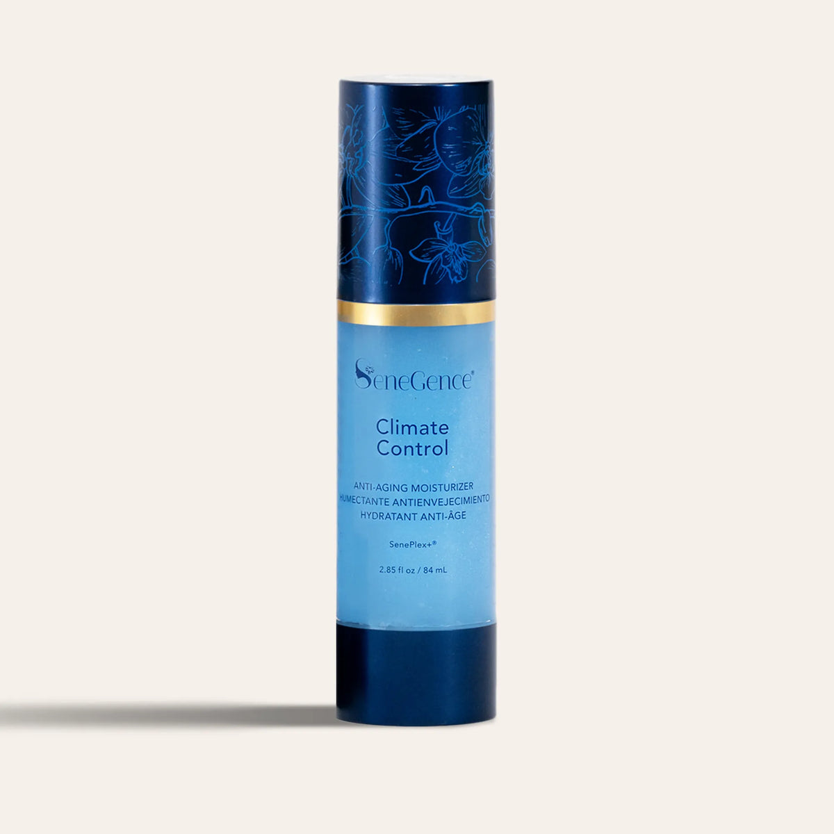 Climate Control by SeneGence: a blue bottle with a dark blue orchid-decorated cap.
