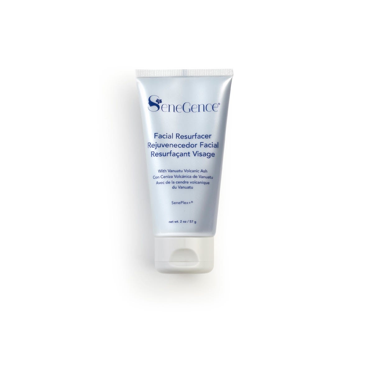 Facial Resurfacer by SeneGence: A pearly pale blue squeeze tube printed with blue text and standing on its white flip cap.