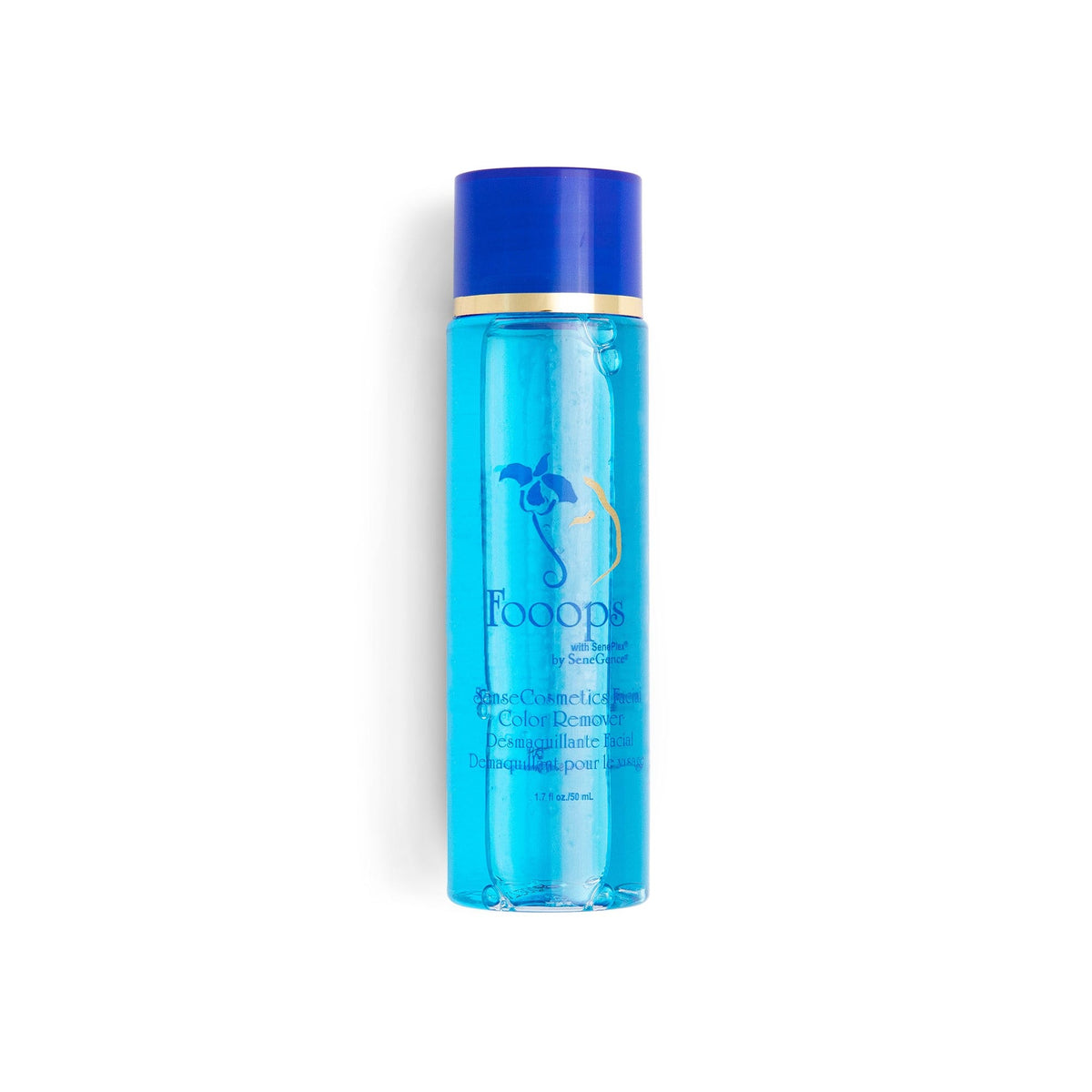 A clear blue bottle with a dark blue cap, Fooops!® Dual Phase Color Remover.