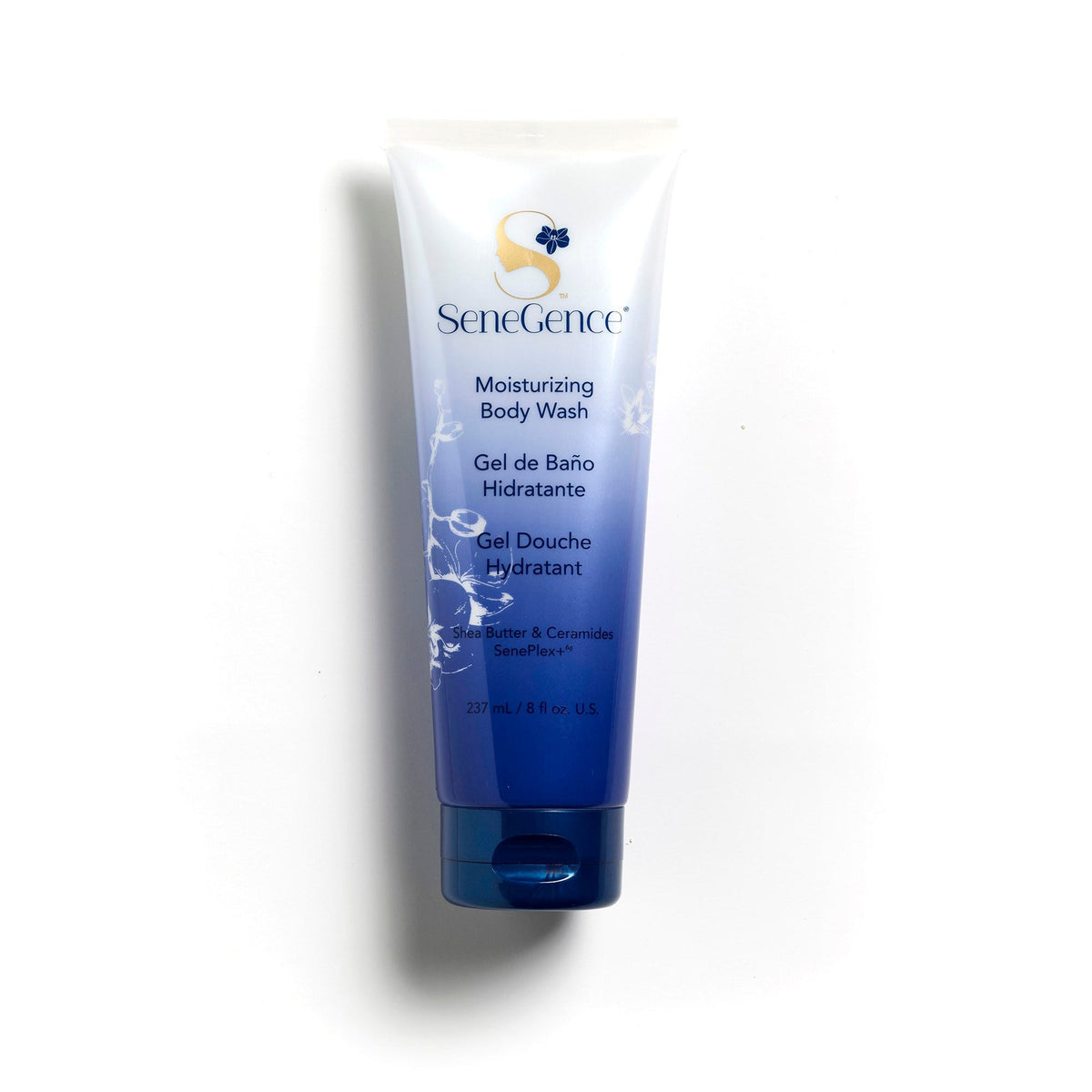 Moisturizing Body Wash by SeneGence: A white-to-blue body-wash tube with a blue flip cap.