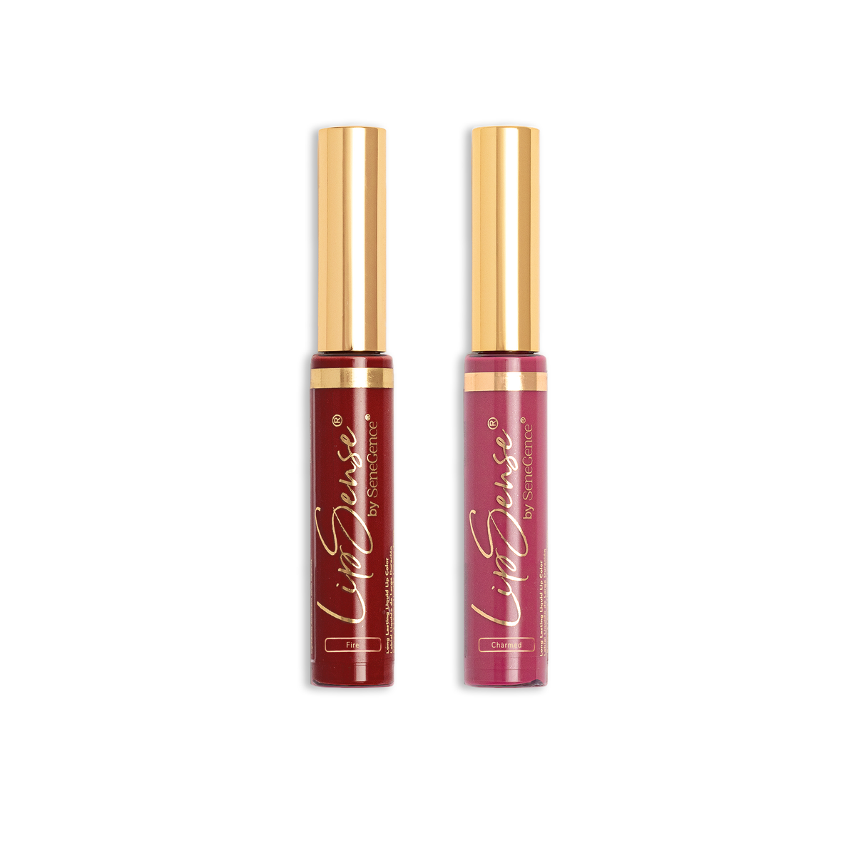 Vibe Check Duo LipSense Long-Lasting Liquid Lip Color by SeneGence: A pair of deep red and pink lip-color tubes with gold caps.
