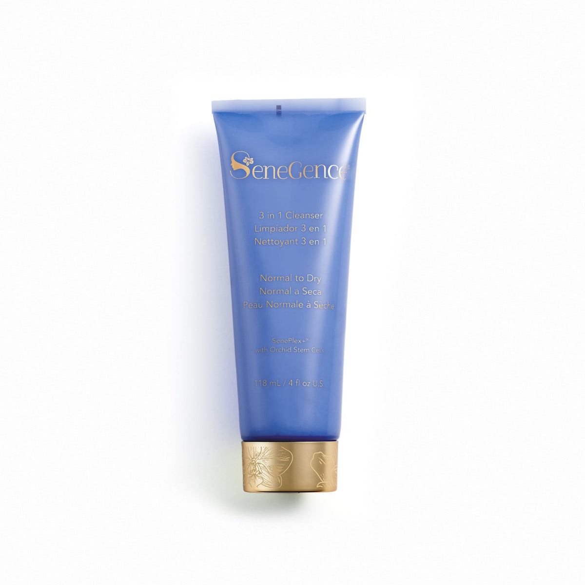 3 in 1 Cleanser - Normal to Dry by SeneGence: a periwinkle tube with a gold orchid-engraved cap.