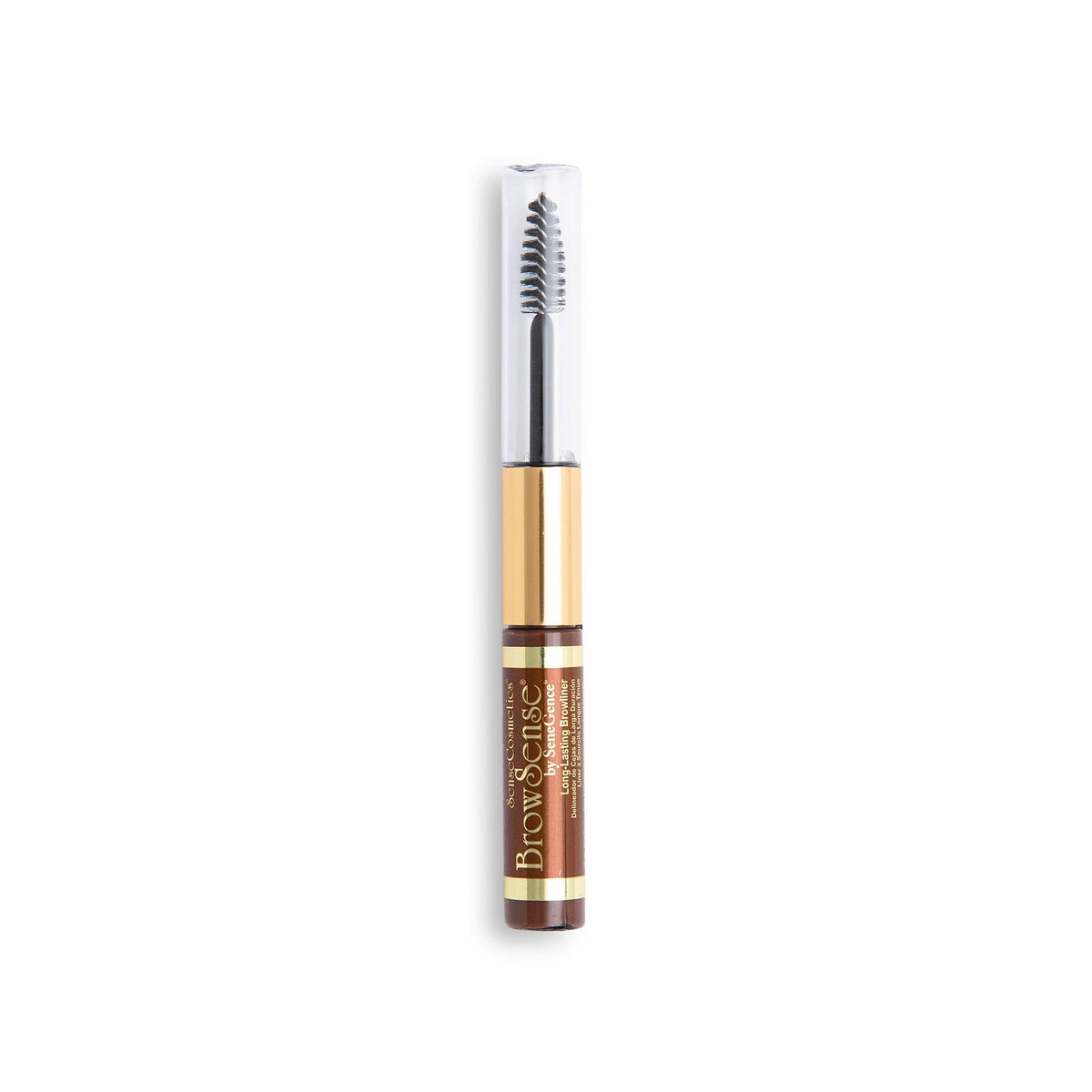 BrowSense® Liquid Brow Color by SeneGence: a slim tube with a brown labeled base, a gold middle section and a clear cap showing a spoolie wand.