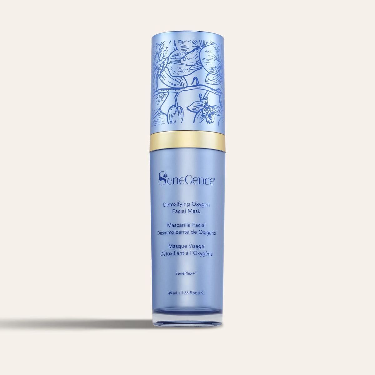 Detoxifying Oxygen Facial Mask by SeneGence: a pale blue bottle with a blue orchid-decorated cap.