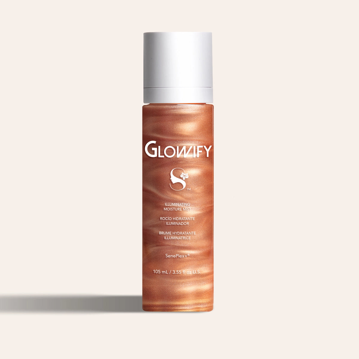Glowify® Illuminating Moisture Mist by SeneGence: a tall clear bottle of swirling copper-bronze shimmer mist with white Glowify lettering and a matte white cap.