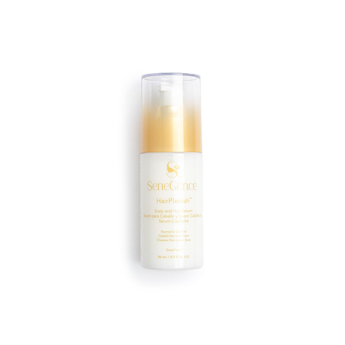 HairPlenish® Scalp & Hair Serum by SeneGence: a white-and-gold serum bottle with a clear cap.