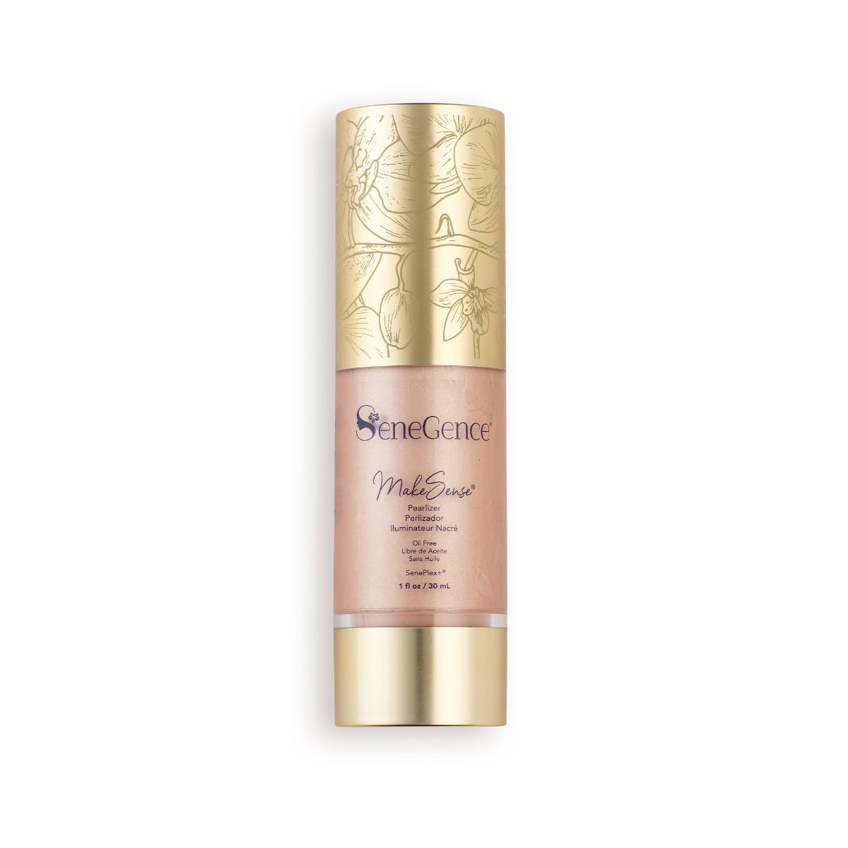 A pale pink bottle with a gold orchid-engraved cap and gold base, MakeSense® Pearlizer.