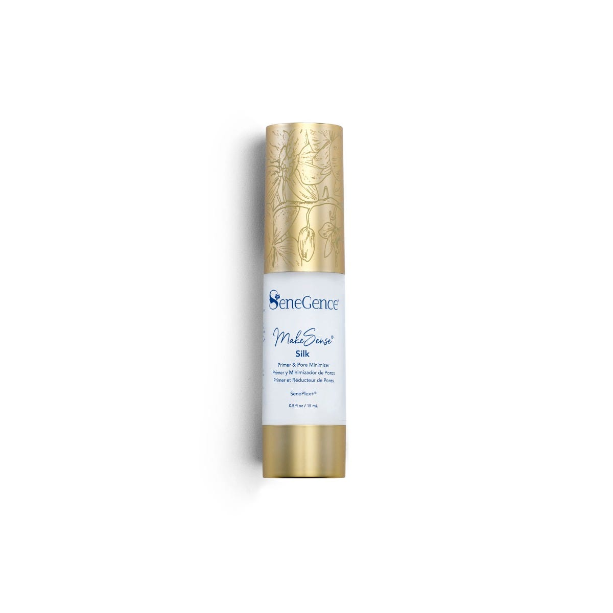 MakeSense® Silk Primer & Pore Minimizer by SeneGence: a slim white airless bottle with navy-blue label text, a tall gold cap printed with an orchid line illustration and a plain gold base.