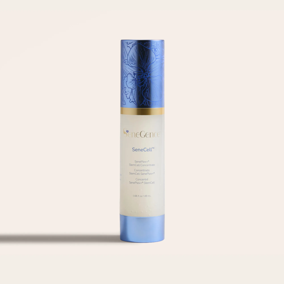 A cream concentrate bottle with a blue orchid-decorated cap, SeneCell™ SenePlex+® StemCell Concentrate.