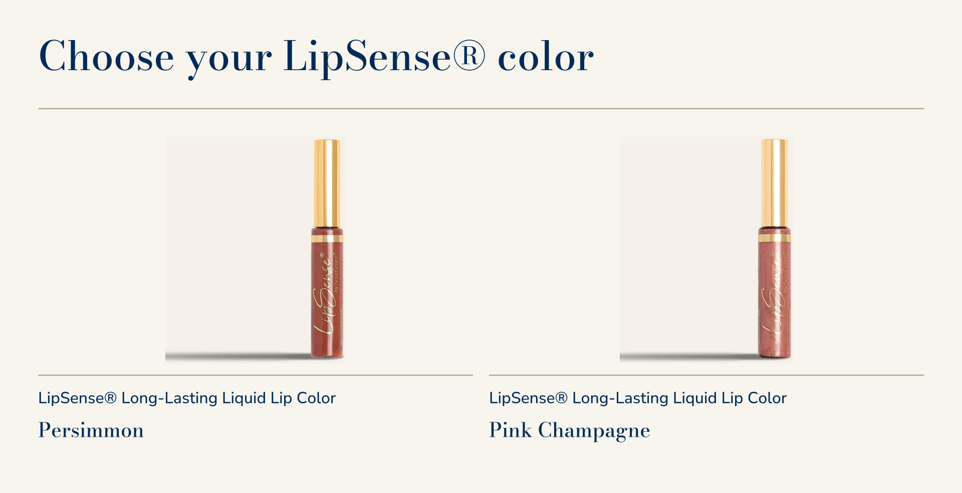 LipSense® Long-Lasting Liquid Lip Color in Persimmon and Pink Champagne, shown in official shade photographs.