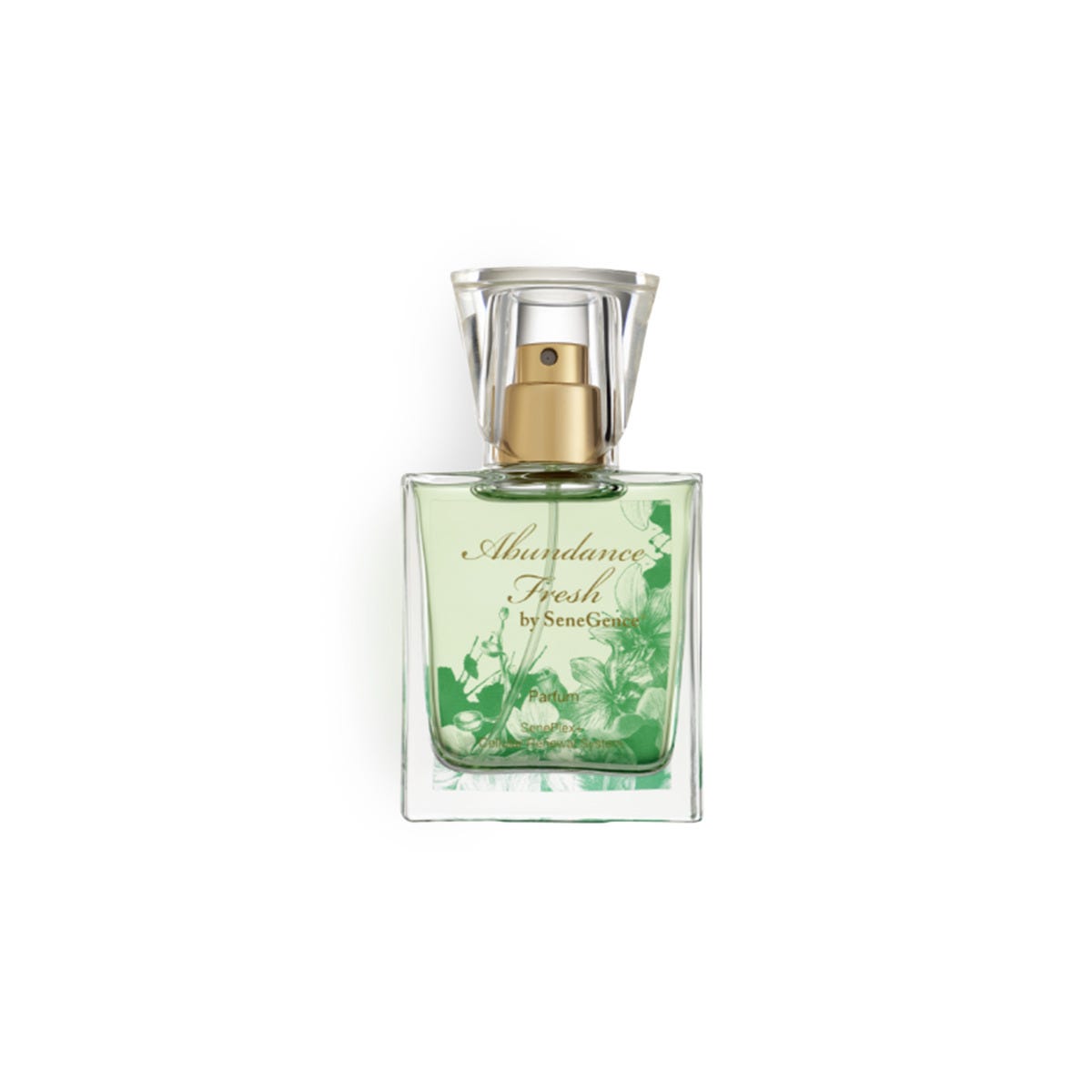 Abundance Fresh by SeneGence: A clear perfume bottle with a green floral design and clear cap.