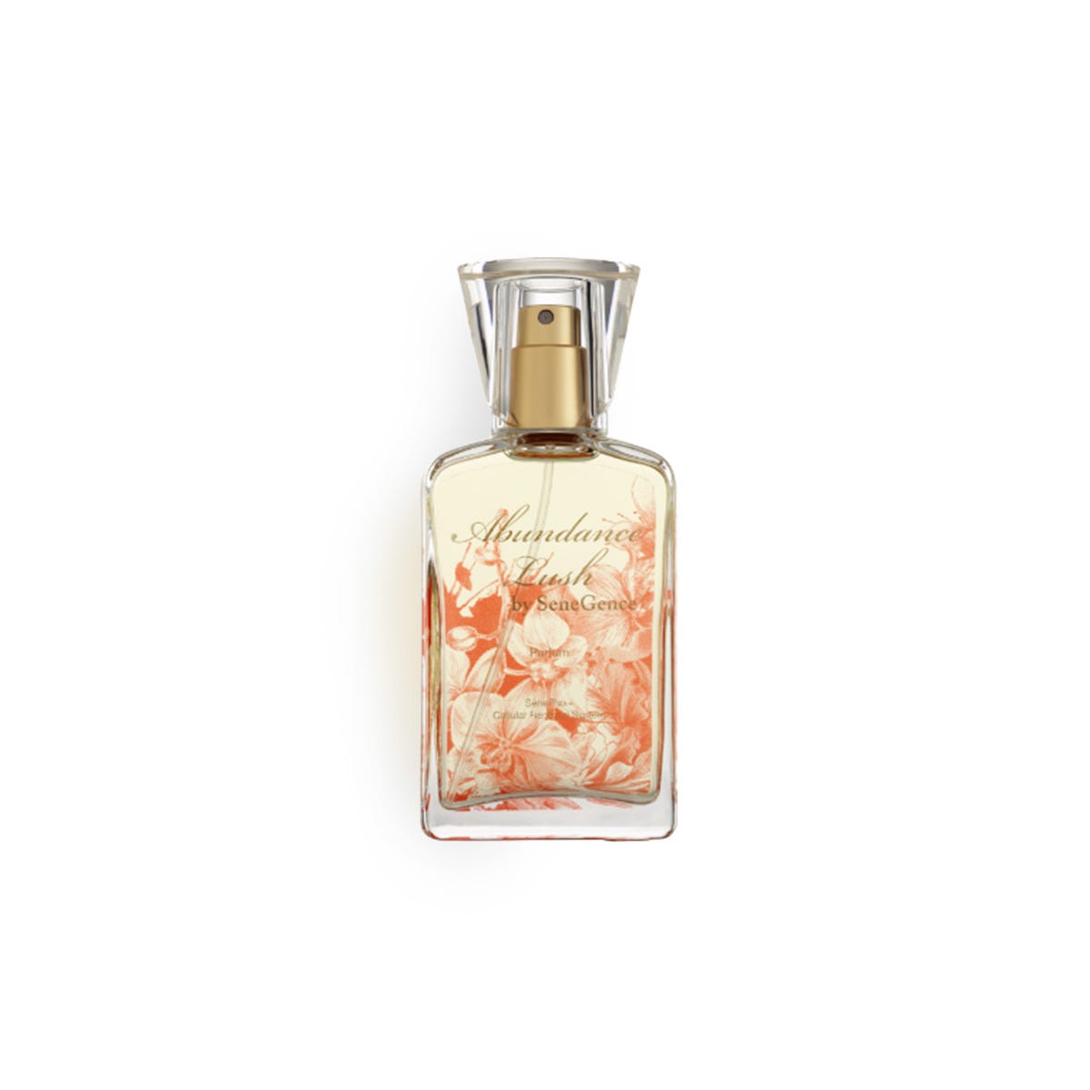 Abundance Lush by SeneGence: A clear perfume bottle with an orange floral design and clear cap.