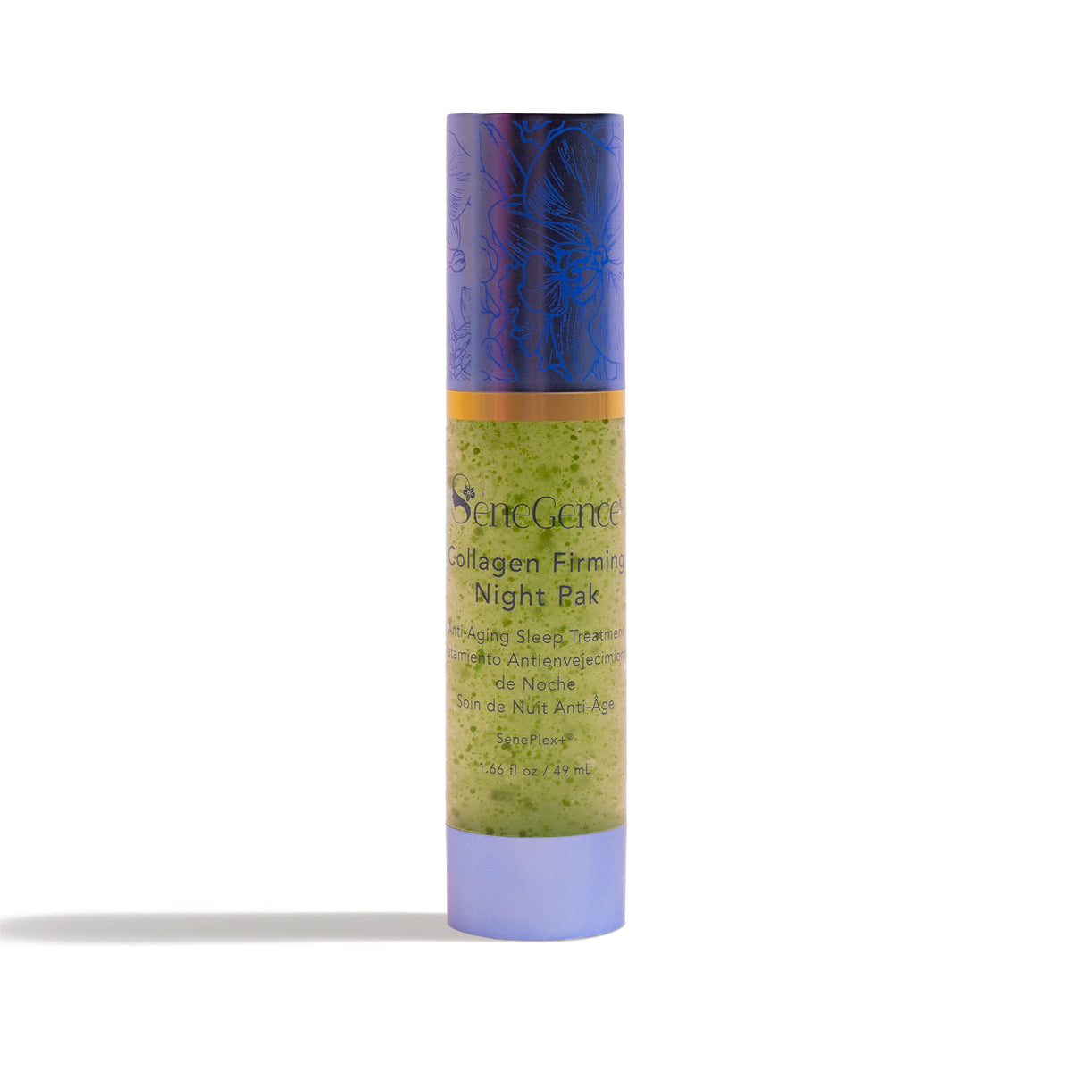 Collagen Firming Night Pak by SeneGence: A clear bottle of green speckled gel with a gold band, a violet orchid-engraved cap and a lavender base.