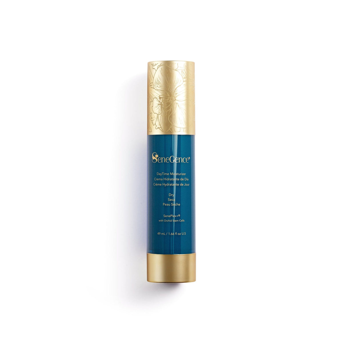 DayTime Moisturizer - Dry by SeneGence: A teal bottle with an orchid-engraved gold cap and gold base.
