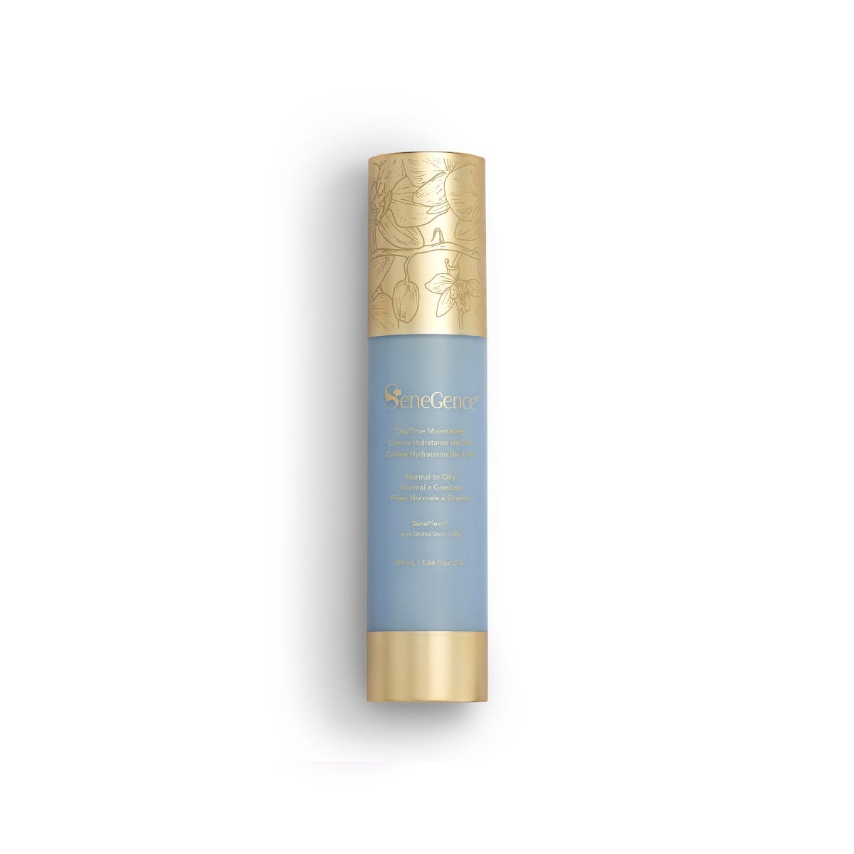 DayTime Moisturizer - Normal to Oily by SeneGence: A pale blue bottle with an orchid-engraved gold cap and gold base.