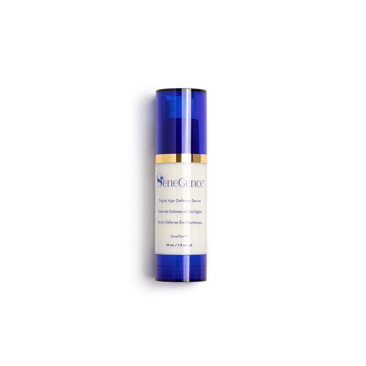 Digital Age Defense Serum by SeneGence: A white-labeled bottle with a blue cap and blue base.