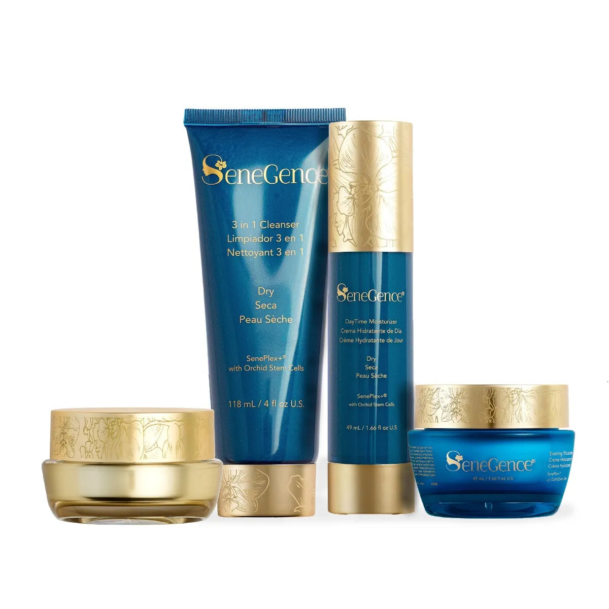 Dry SkinCare Regimen Set by SeneGence: A skincare set with a teal cleanser tube and bottle beside two gold-lidded jars.