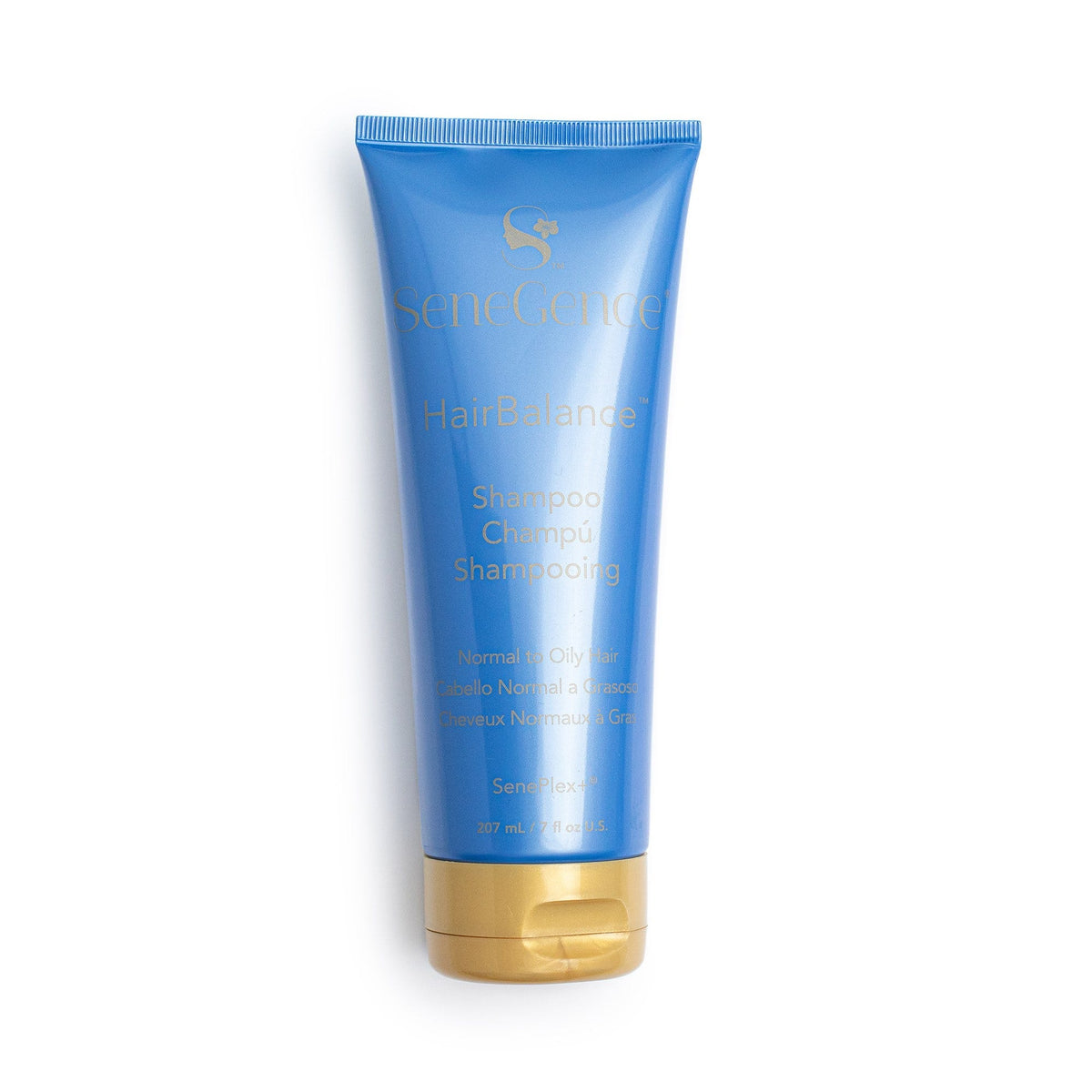 HairBalance® Shampoo by SeneGence: A blue shampoo tube with a gold flip cap.