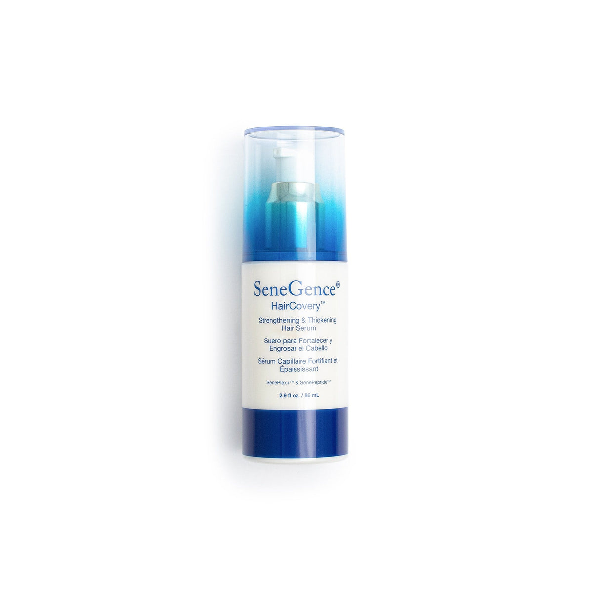 HairCovery® Strengthening & Thickening Hair Serum by SeneGence: A blue-and-white serum bottle with a clear cap.