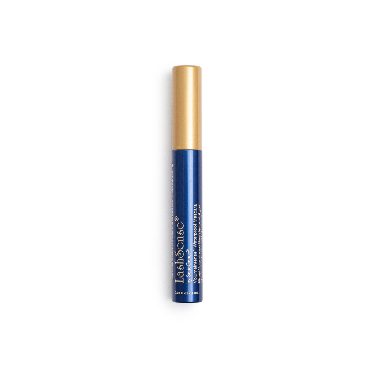 LashSense® VolumeIntense® Waterproof Mascara by SeneGence: A dark blue mascara tube with a gold cap.