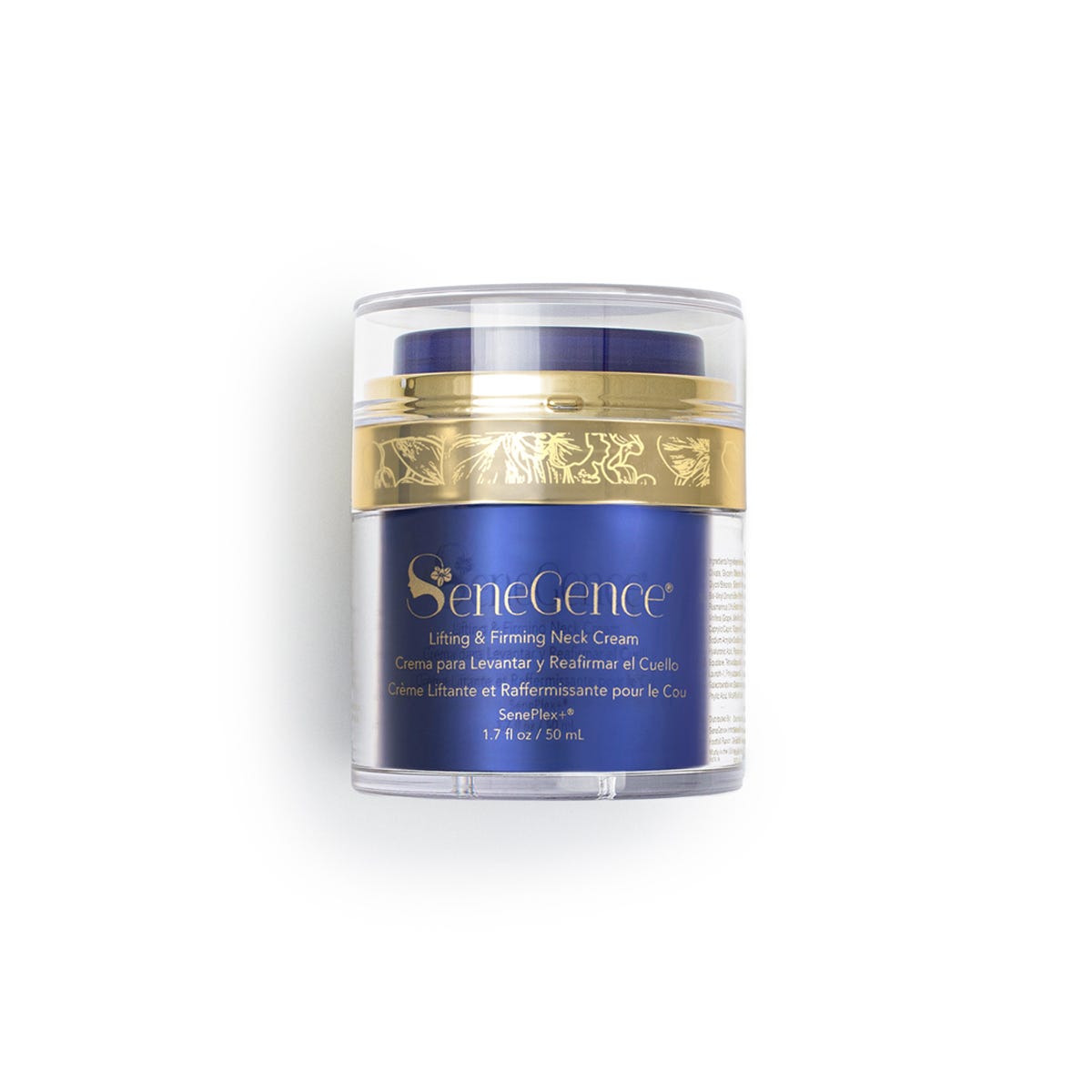 Lifting & Firming Neck Cream by SeneGence: A blue-and-gold cream jar with a clear outer cover.