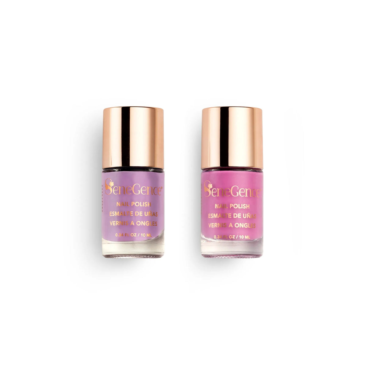 Lilac in Love & Pink Perfection Duo by SeneGence: A pair of nail-polish bottles, one soft lilac and one orchid pink, each with a rose-gold cap and rose-gold lettering.