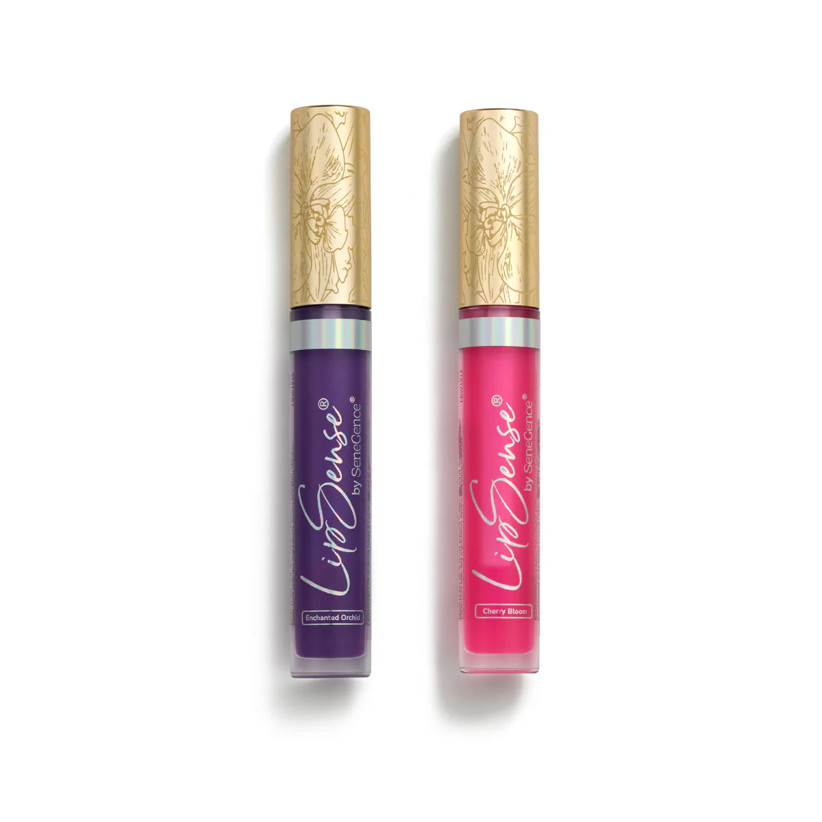 LipSense Bloom & Plush PH Glossy Tint Duo by SeneGence: A pair of purple and pink tint tubes with gold caps.
