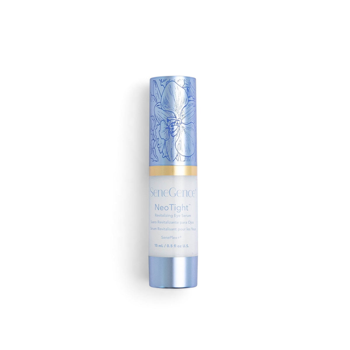 NeoTight™ Eye Serum by SeneGence: A small pale blue-and-white eye-serum bottle with a blue orchid-decorated cap.