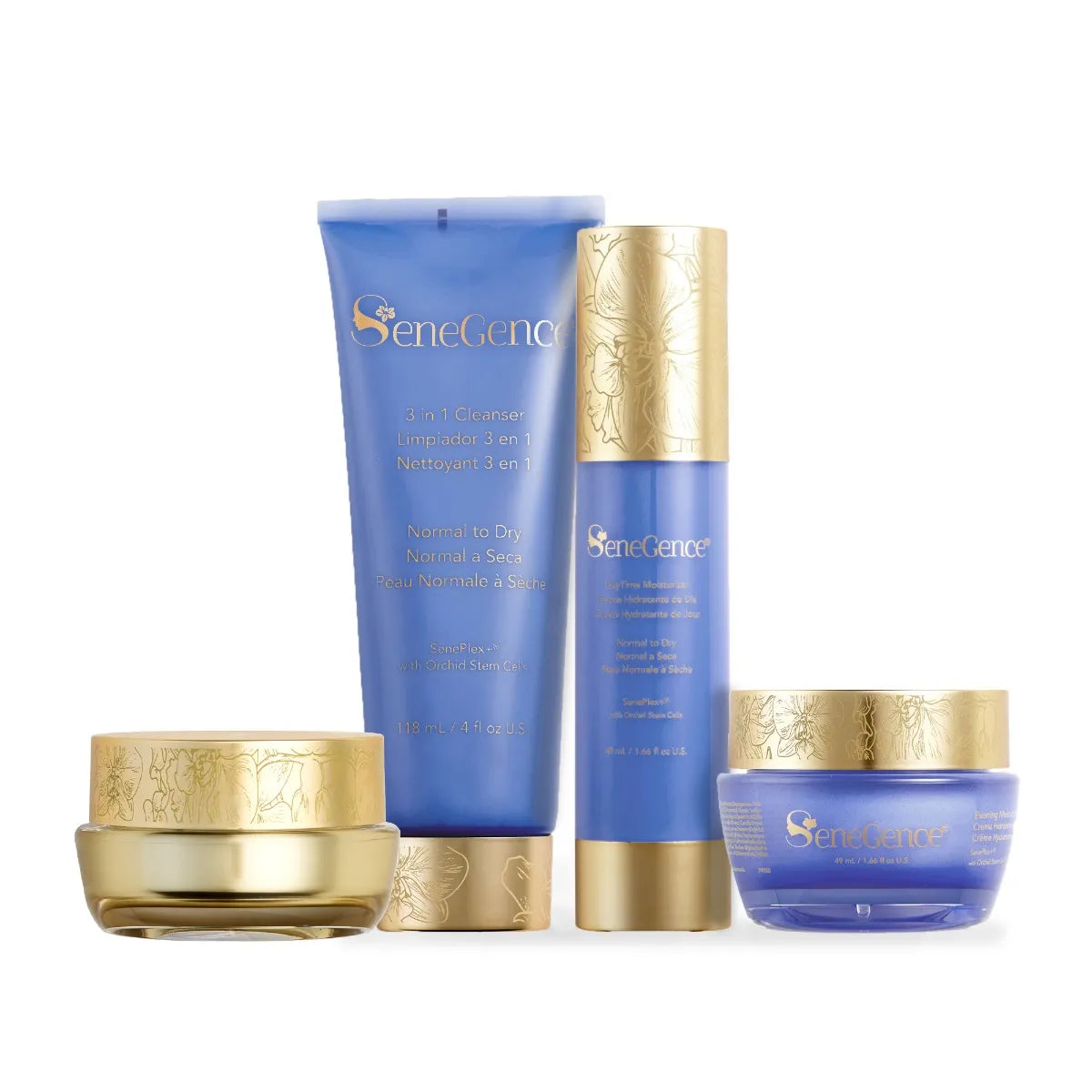Normal-Dry SkinCare Regimen Set by SeneGence: A skincare set with a periwinkle cleanser tube and bottle beside two gold-lidded jars.