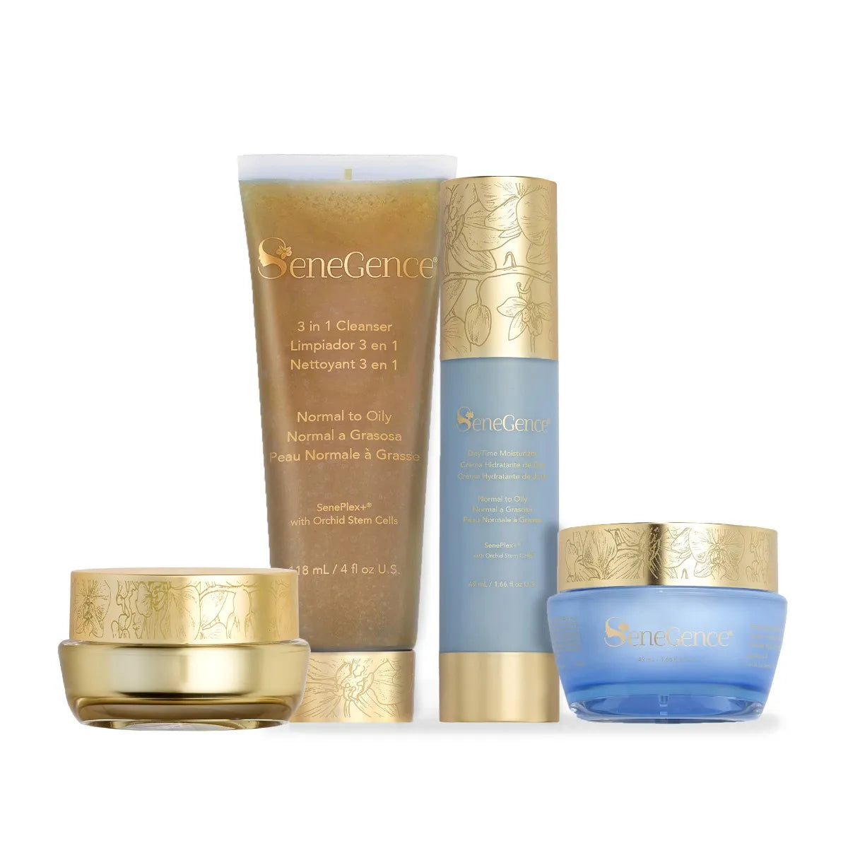 Normal-Oily SkinCare Regimen Set by SeneGence: A skincare set with a gold-toned cleanser tube, pale blue bottle and two gold-lidded jars.