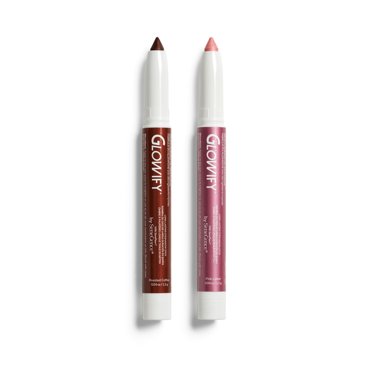 Pink Mocha Glowify Eyeshadow Stick Duo by SeneGence: A pair of brown and mauve eyeshadow sticks with white ends.