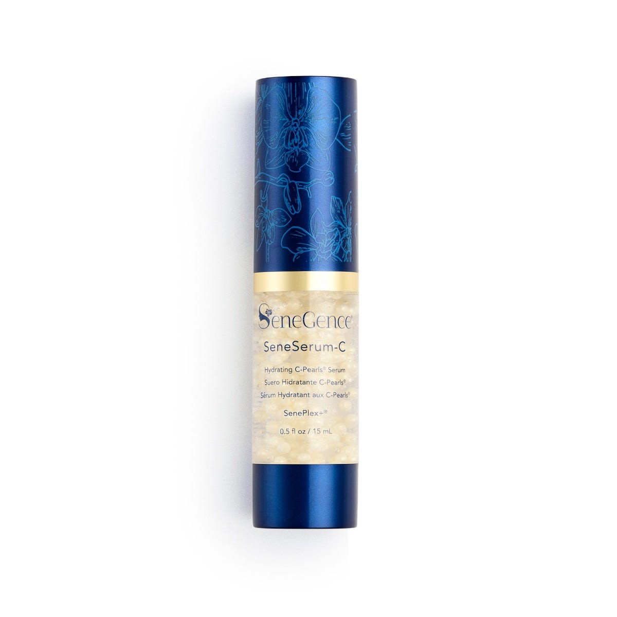 SeneSerum-C® Hydrating C-Pearls® Serum by SeneGence: A clear airless serum bottle filled with visible pale-yellow pearls, with a navy cap printed with blue orchid line art, a gold band, navy label text and a navy base.