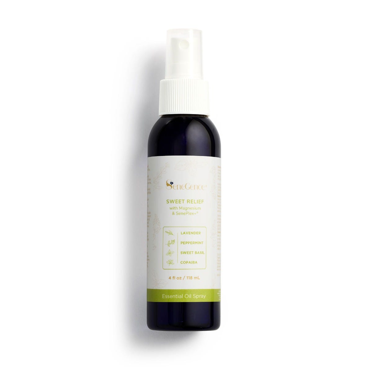 Sweet Relief Spray with Magnesium & SenePlex+® by SeneGence: A dark spray bottle with a white spray top and green-accented label.