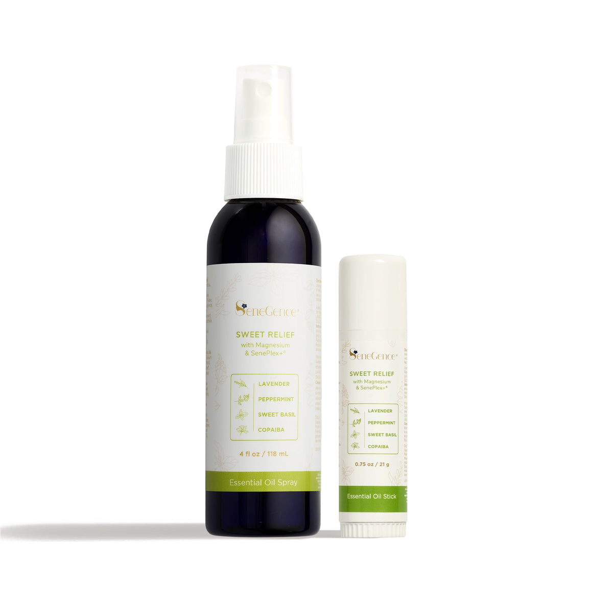 Sweet Relief Wellness Duo by SeneGence: A dark spray bottle and a cream stick with green-accented labels.