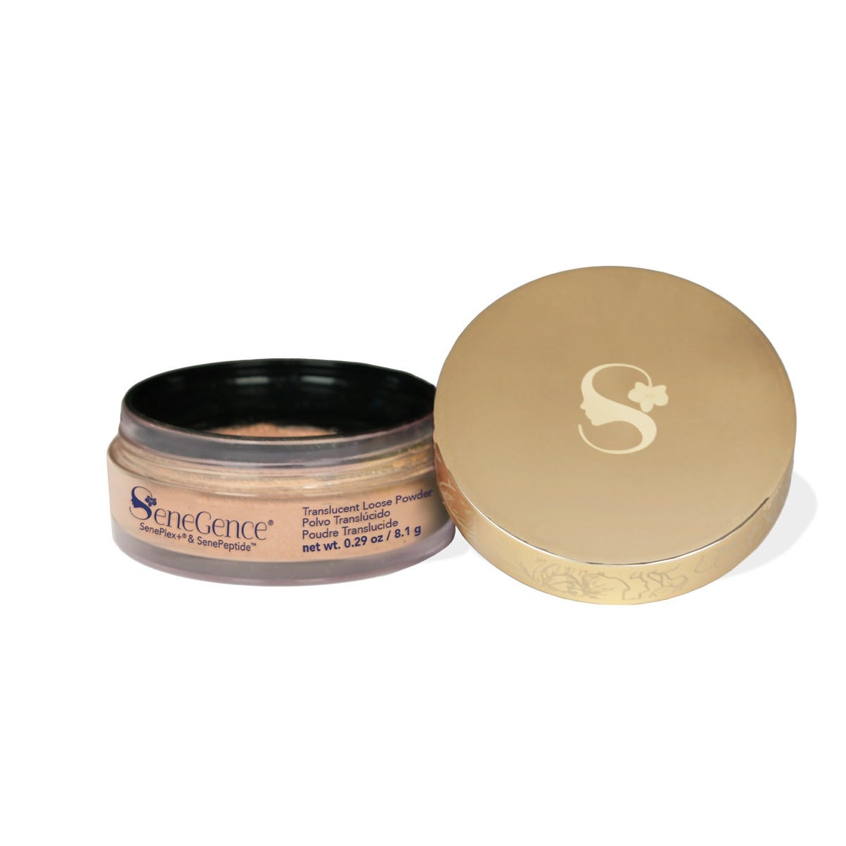 Translucent Loose Powder by SeneGence: An open loose-powder jar beside a gold lid bearing the SeneGence emblem.