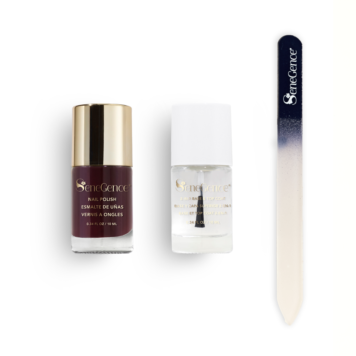 Wine Not Holiday Nail Gift Set by SeneGence: A deep wine nail polish bottle with a gold cap, a clear 2-in-1 base-and-top-coat bottle with a white cap and a navy-to-white ombré glass nail file.