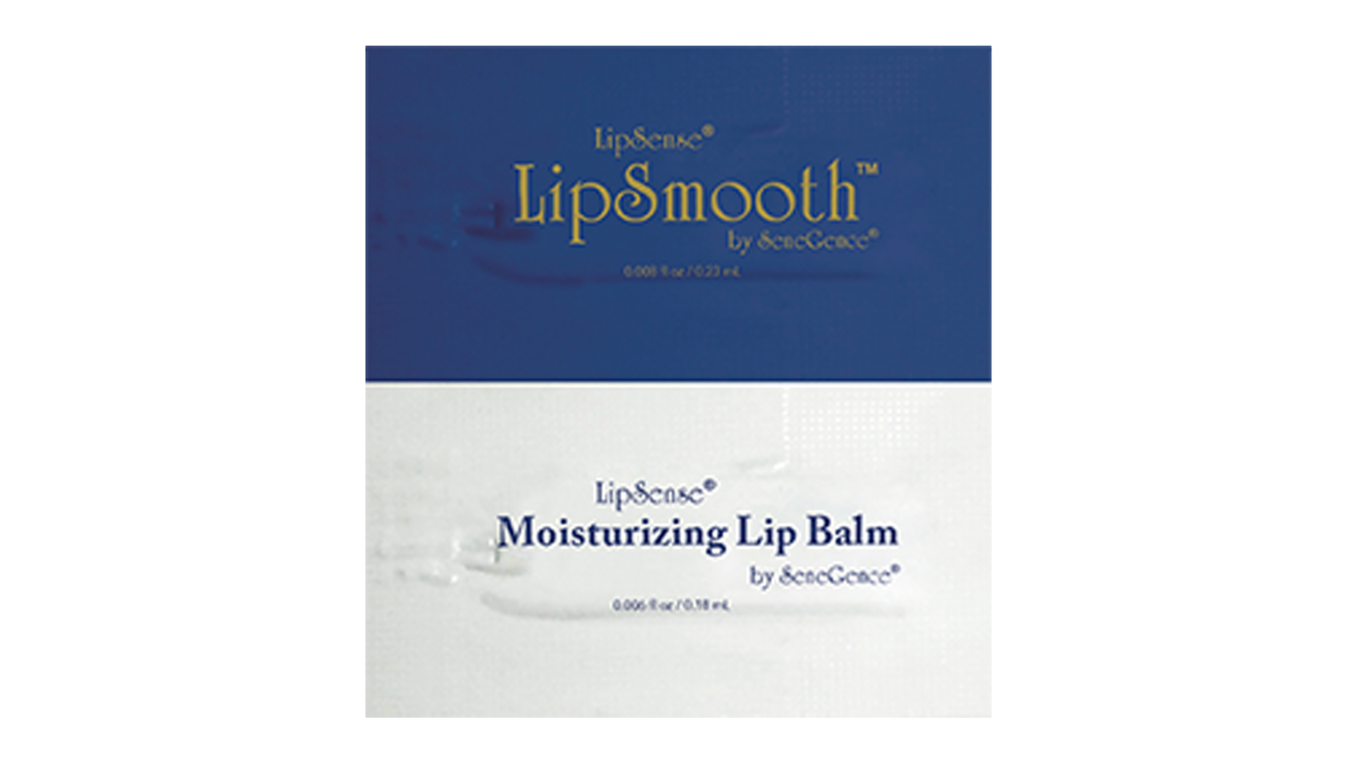 LipSmooth® and Lip Balm Duo Sample by SeneGence: Two joined sample sachets, a navy-blue LipSmooth sachet with gold lettering above a white LipSense Moisturizing Lip Balm sachet with blue lettering.