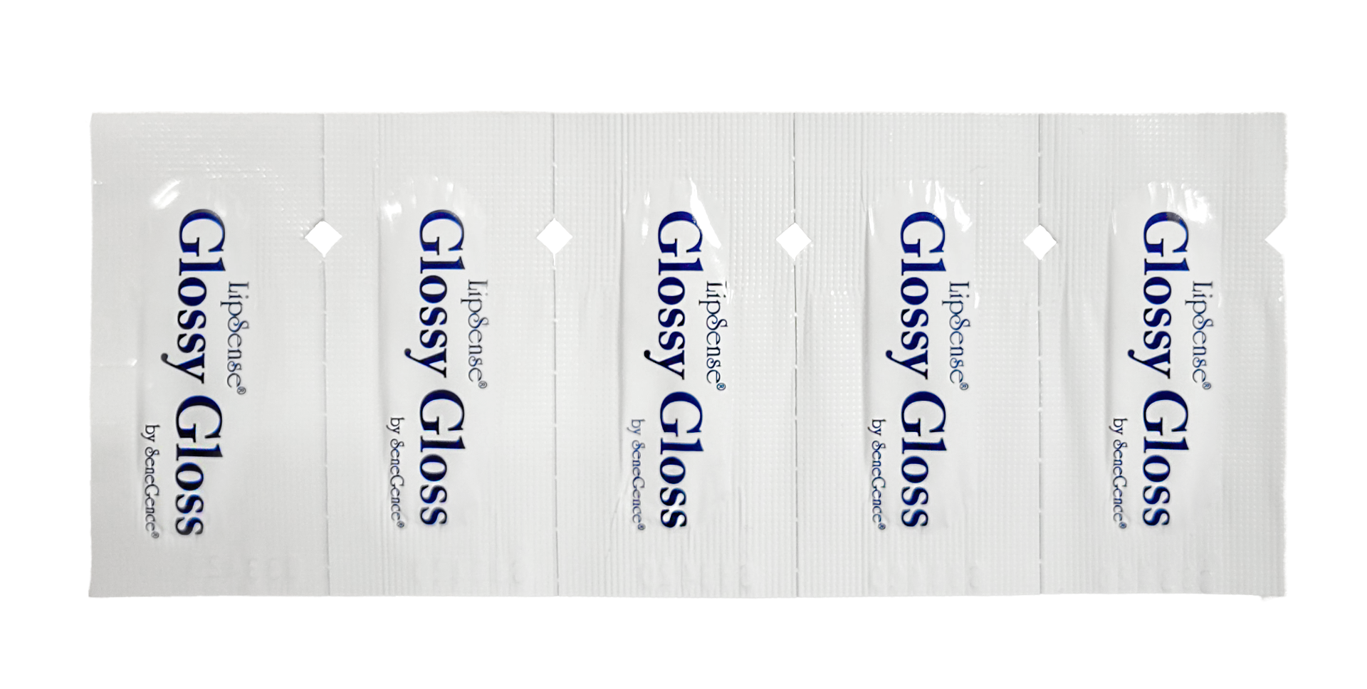 LipSense Moisturizing Gloss 5ct - Clear by SeneGence: A strip of five white Glossy Gloss sample sachets.