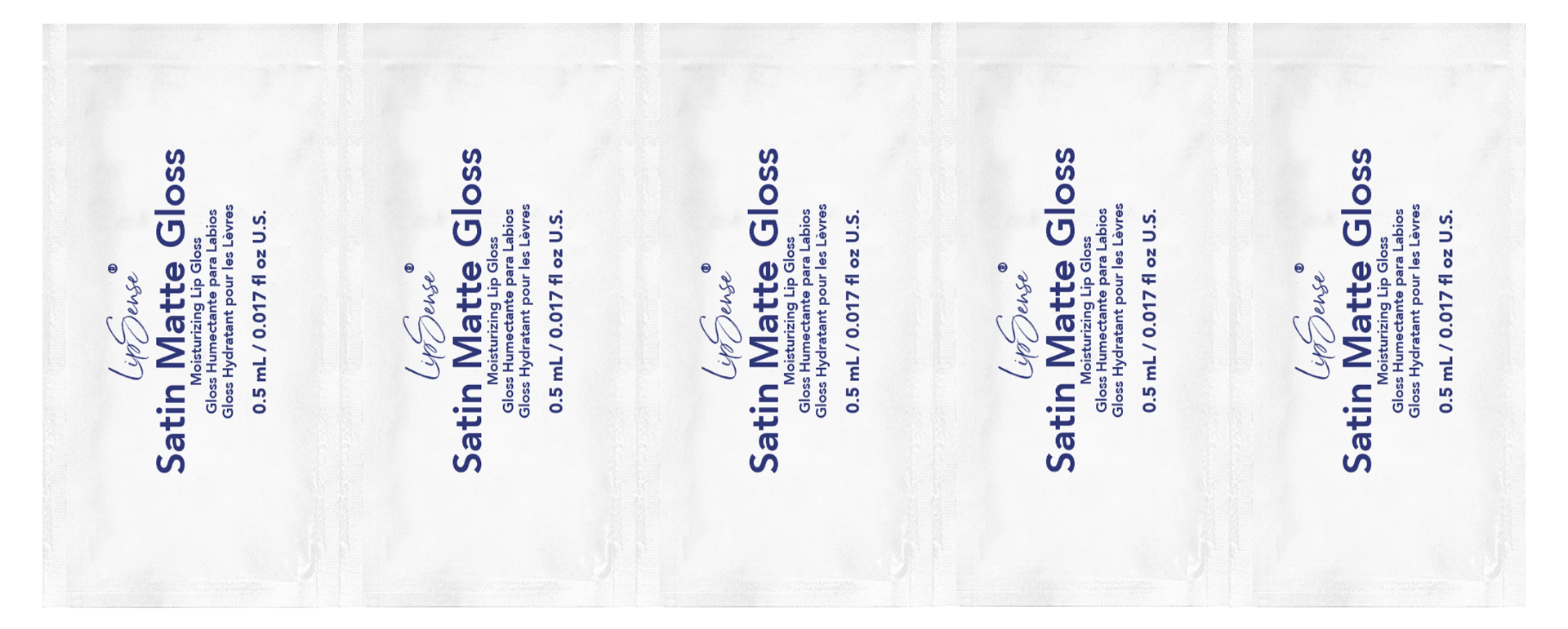 LipSense Moisturizing Satin Matte Gloss 5ct by SeneGence: A strip of five white Satin Matte Gloss sample sachets.