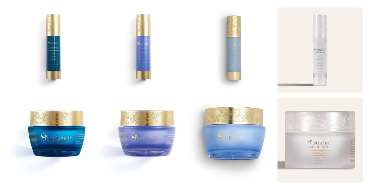 Two rows of SeneGence moisturizers. Top: DayTime Moisturizer - Dry, Normal to Dry and Normal to Oily bottles, and Microbiome Defense Daytime Moisturizer SPF 15. Bottom: the matching Evening Moisturizer jars and Microbiome Restorative Evening Moisturizer.