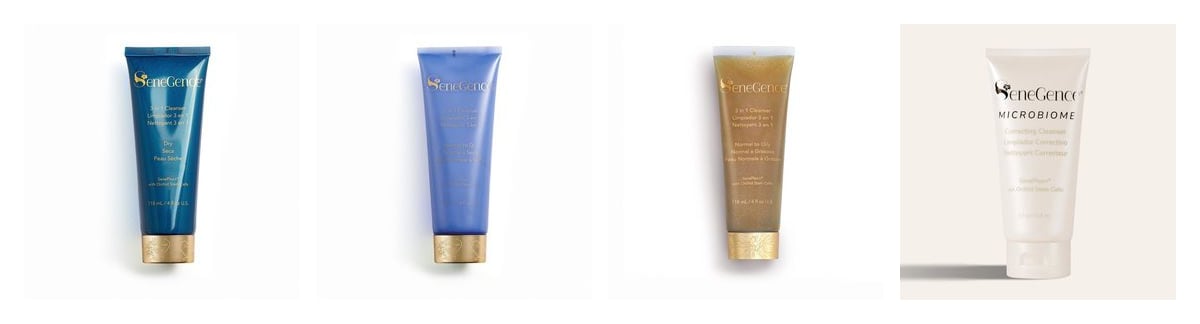 Four SeneGence facial cleansers side by side: 3 in 1 Cleanser - Dry in teal, 3 in 1 Cleanser - Normal to Dry in periwinkle, 3 in 1 Cleanser - Normal to Oily in gold, and the cream-white Microbiome Correcting Cleanser.